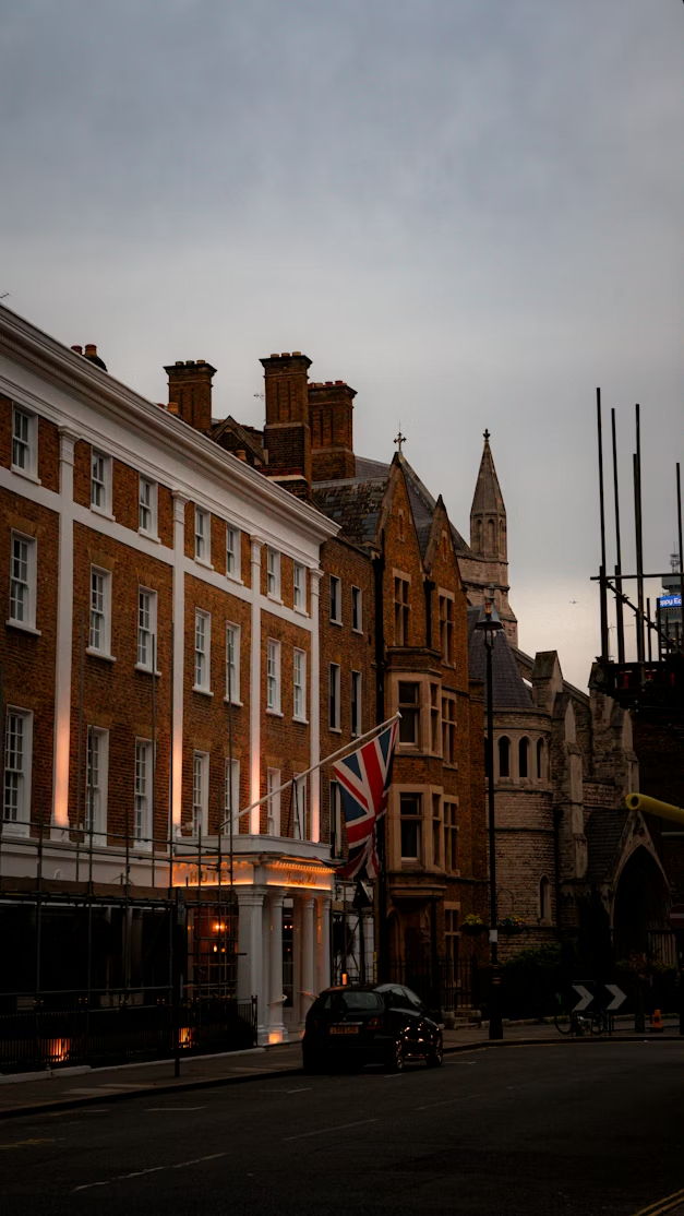 London building with UK flag